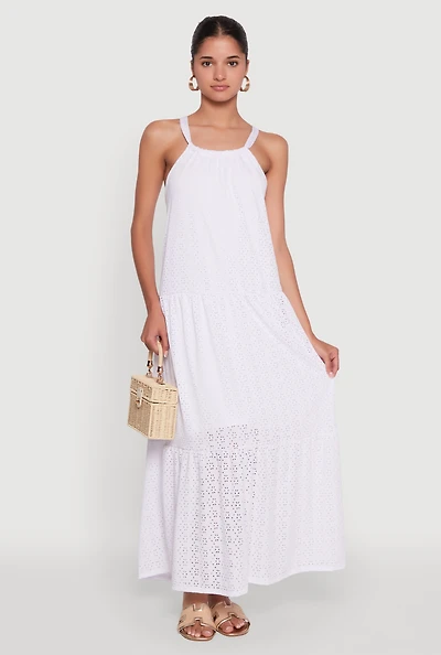 Womens Eyelet Tiered A-Line Maxi Dress, White, Size M
