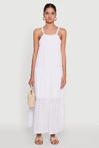 Womens Eyelet Tiered A-Line Maxi Dress, White, Size M
