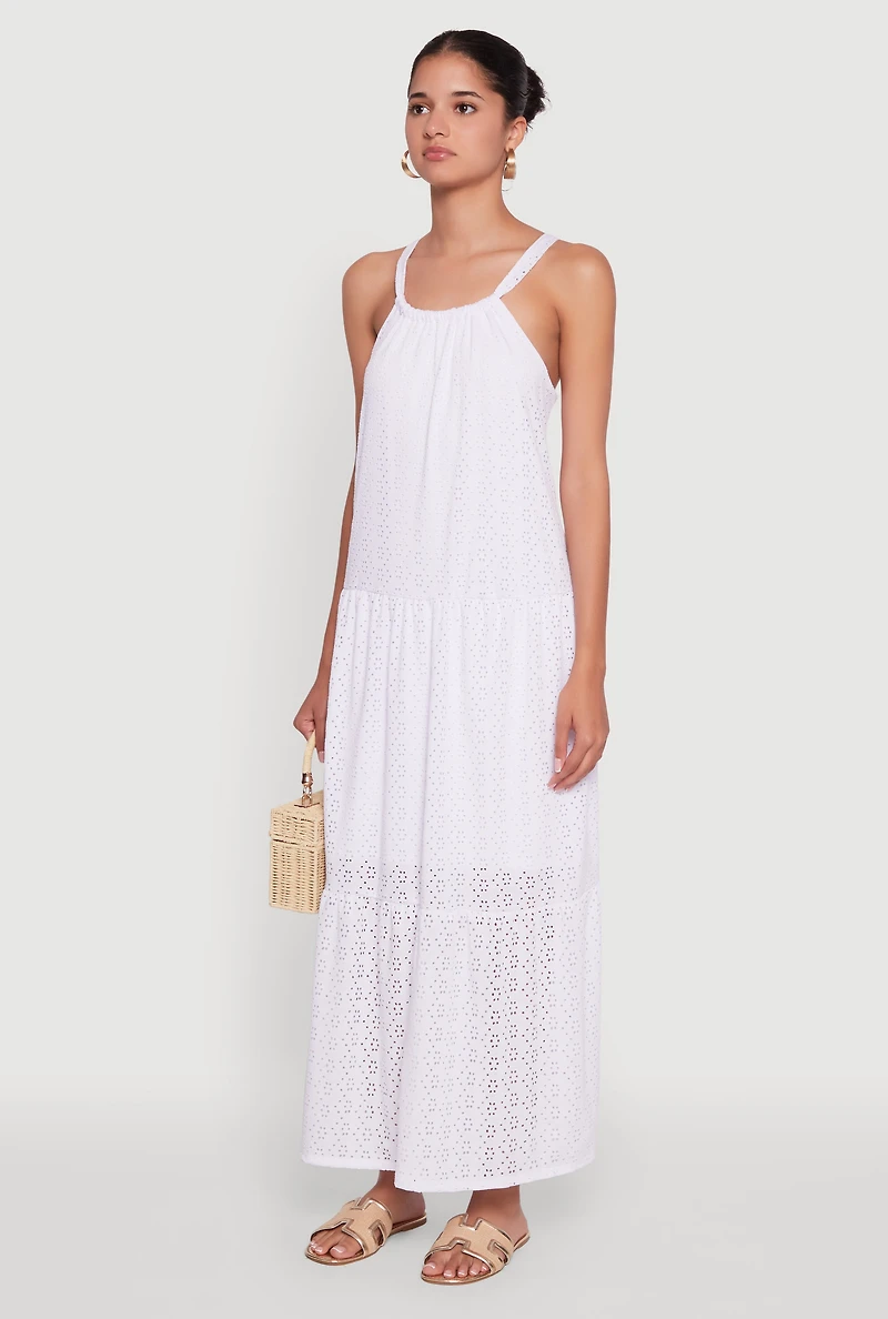 Womens Eyelet Tiered A-Line Maxi Dress, White, Size L