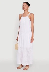 Womens Eyelet Tiered A-Line Maxi Dress, White, Size L