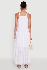 Womens Eyelet Tiered A-Line Maxi Dress, White, Size M