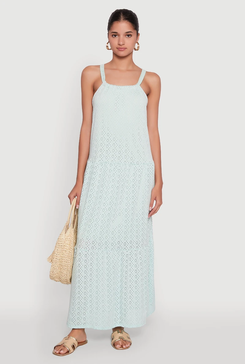 Womens Eyelet Tiered A-Line Maxi Dress, Green, Size M