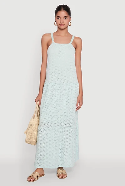 Womens Eyelet Tiered A-Line Maxi Dress, Green, Size M
