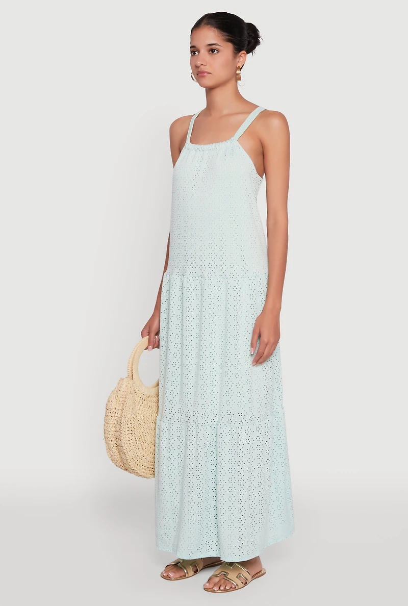 Womens Eyelet Tiered A-Line Maxi Dress, Green, Size M