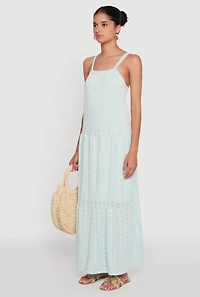 Womens Eyelet Tiered A-Line Maxi Dress, Green, Size M
