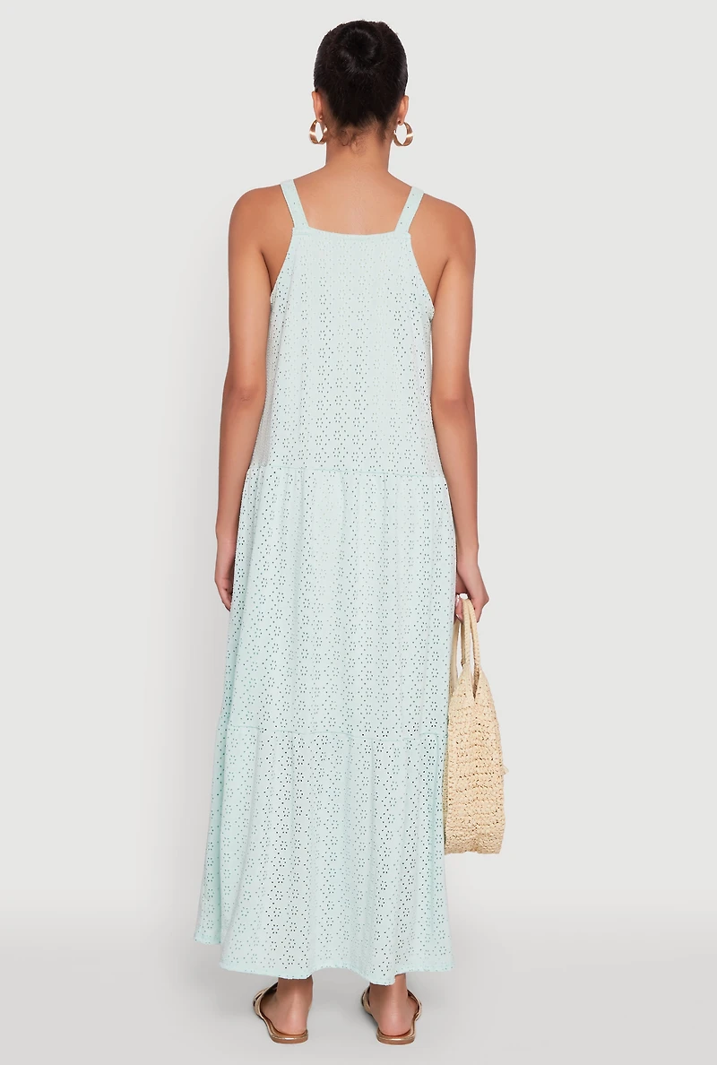 Womens Eyelet Tiered A-Line Maxi Dress, Green, Size M