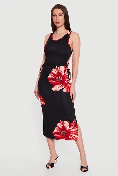 Floral Drawstring Keyhole Side Midi Dress