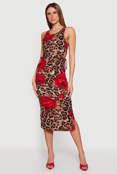 Floral Animal Print Drawstring Sides Midi Dress