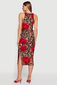 Floral Animal Print Drawstring Sides Midi Dress
