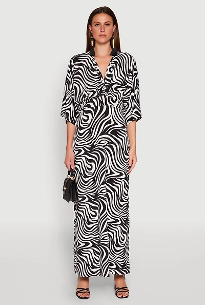 Womens Zebra Print Plunge Maxi Dress, Multi, Size M