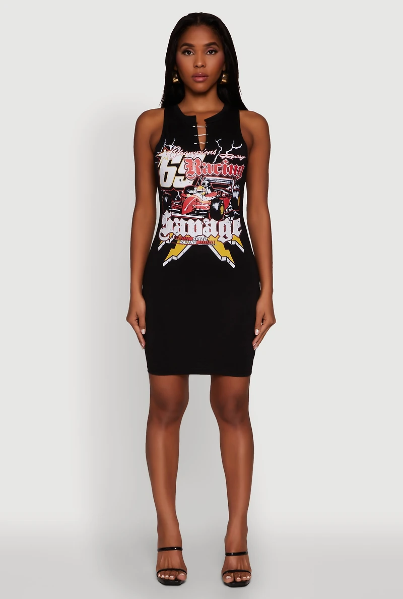 Womens Speed Racing Graphic Sleeveless Mini Dress, Black, Size L