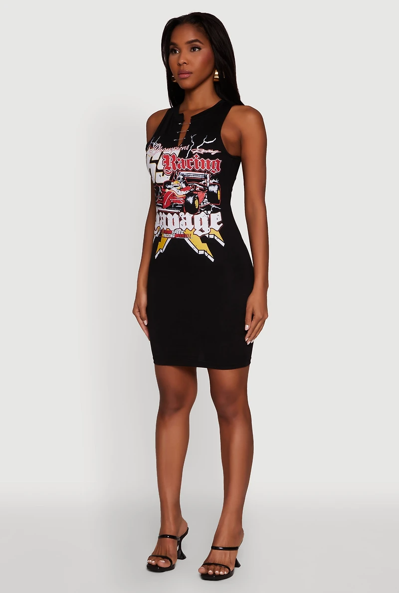Womens Speed Racing Graphic Sleeveless Mini Dress, Black, Size L