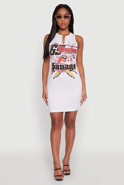 Womens Speed Racing Graphic Sleeveless Mini Dress, White, Size M