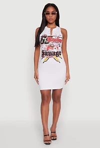 Womens Speed Racing Graphic Sleeveless Mini Dress, White, Size M