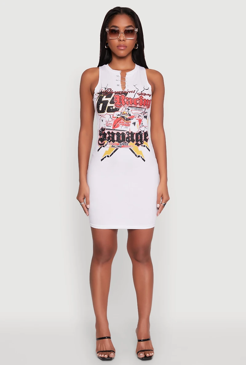 Womens Speed Racing Graphic Sleeveless Mini Dress, White, Size XL