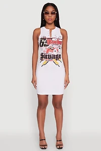 Womens Speed Racing Graphic Sleeveless Mini Dress, White, Size XL