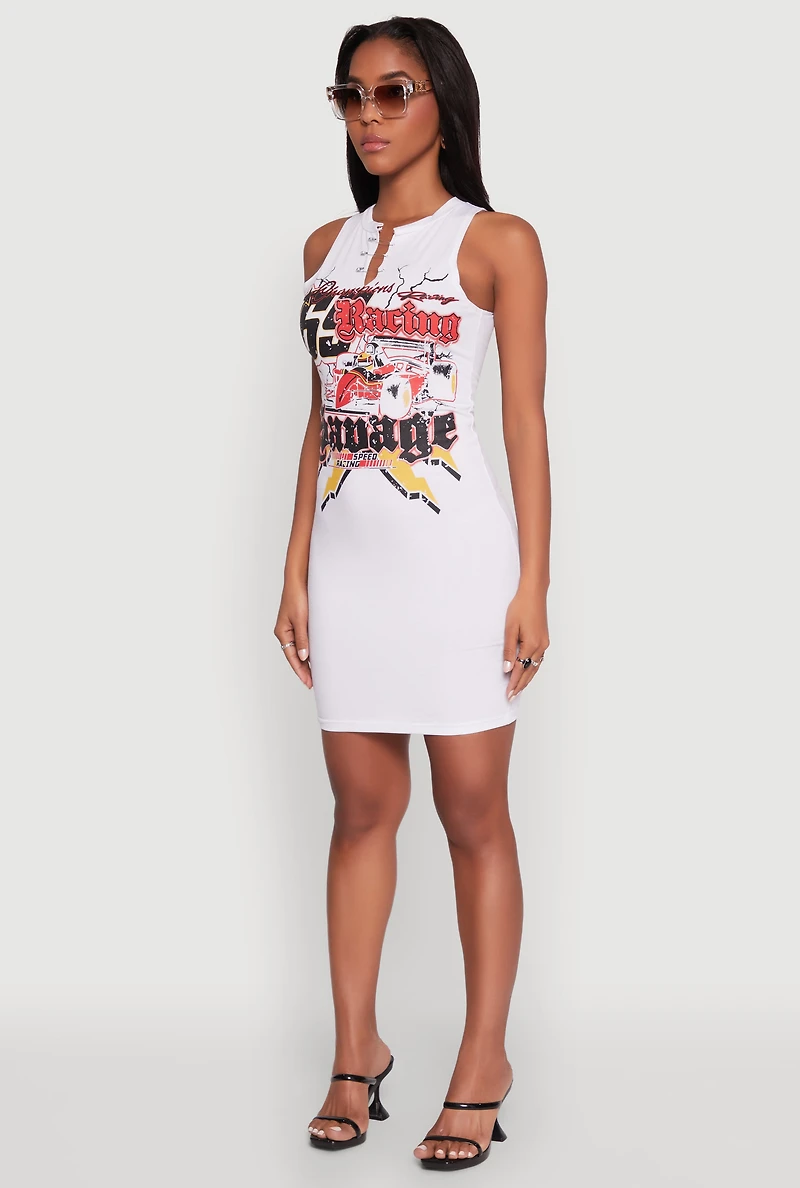 Womens Speed Racing Graphic Sleeveless Mini Dress, White, Size M