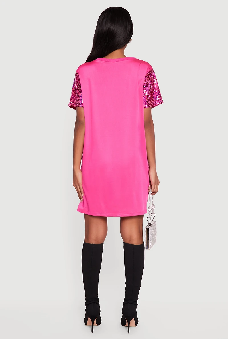 Womens Sequin Its My Birthday Short Sleeve Dress, Pink, Size S