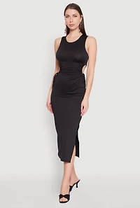 Womens Drawstring Side Cut Out Sleeveless Midi Dress, Black, Size L