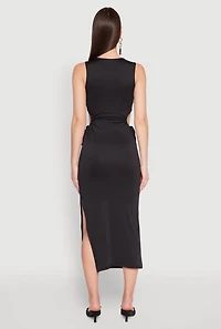 Womens Drawstring Side Cut Out Sleeveless Midi Dress,