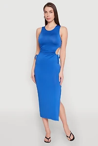 Womens Drawstring Side Cut Out Sleeveless Midi Dress, Blue,