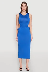 Womens Drawstring Side Cut Out Sleeveless Midi Dress, Blue,
