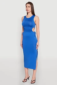 Womens Drawstring Side Cut Out Sleeveless Midi Dress, Blue,