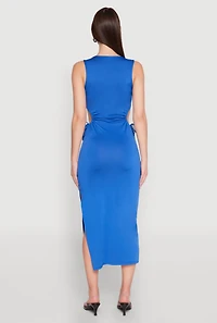 Womens Drawstring Side Cut Out Sleeveless Midi Dress, Blue,