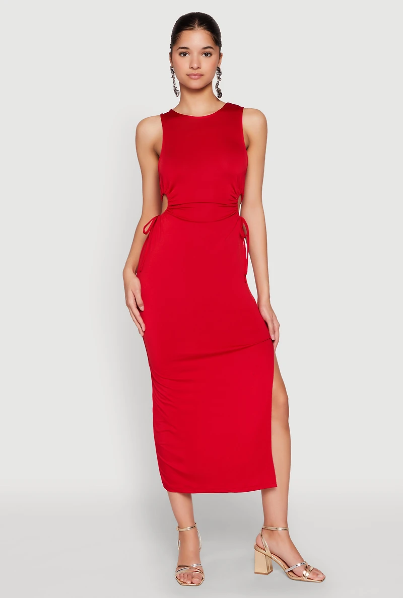Womens Drawstring Side Cut Out Sleeveless Midi Dress, Red, Size S