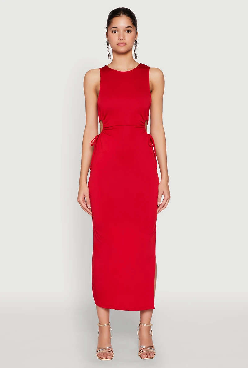 Womens Drawstring Side Cut Out Sleeveless Midi Dress, Red, Size S