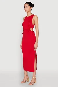 Womens Drawstring Side Cut Out Sleeveless Midi Dress, Red, Size S