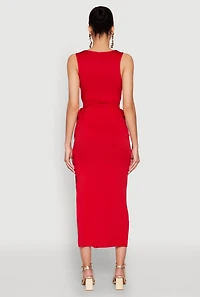 Womens Drawstring Side Cut Out Sleeveless Midi Dress, Red, Size L