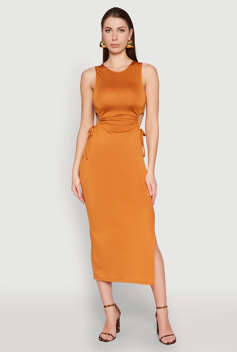 Drawstring Side Cut Out Sleeveless Midi Dress