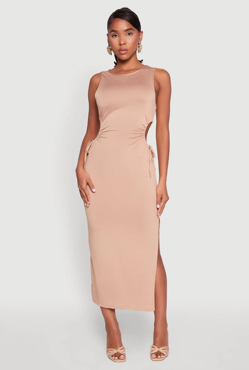 Drawstring Side Cut Out Sleeveless Midi Dress