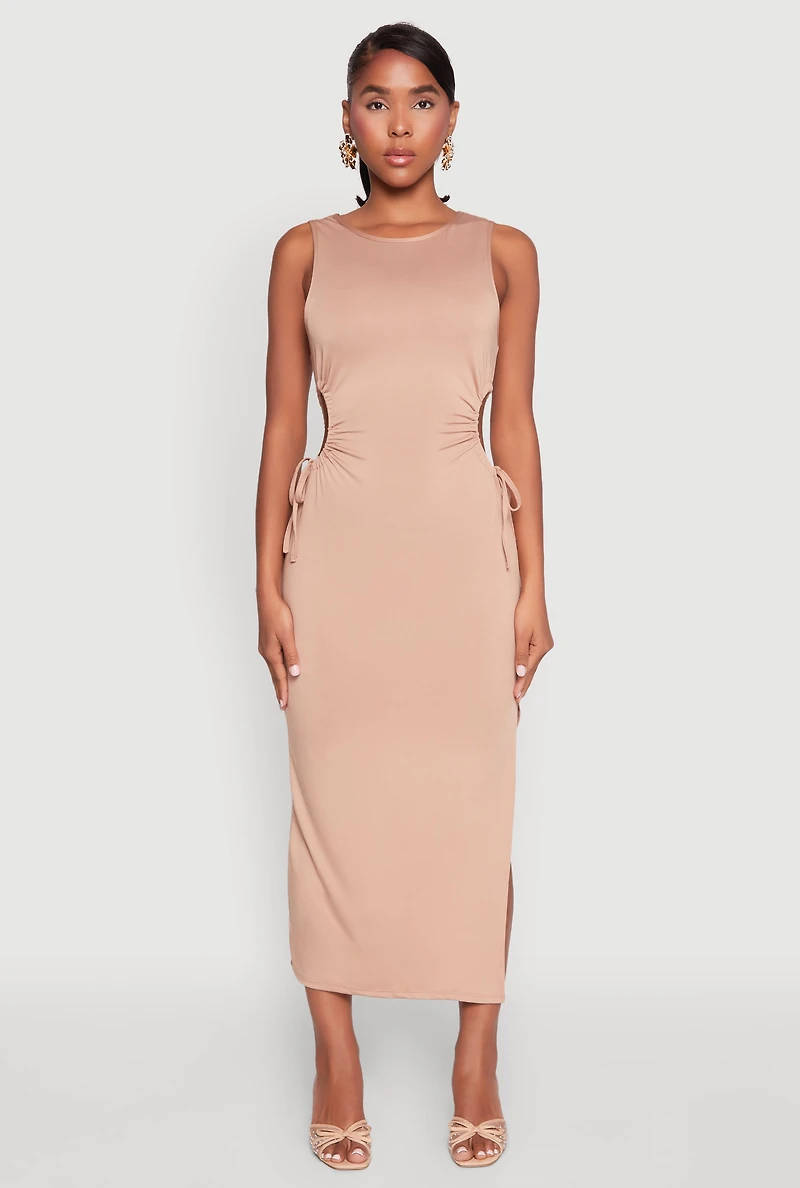 Womens Drawstring Side Cut Out Sleeveless Midi Dress, Beige, Size S