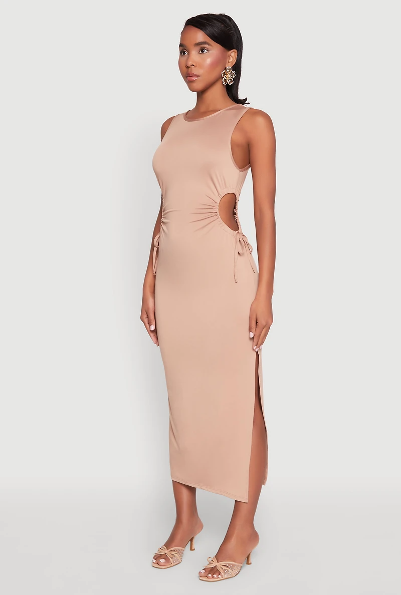 Womens Drawstring Side Cut Out Sleeveless Midi Dress, Beige, Size S