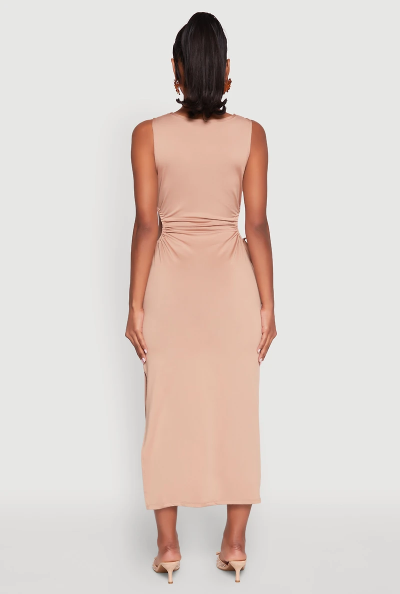 Womens Drawstring Side Cut Out Sleeveless Midi Dress, Beige, Size S