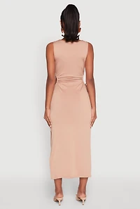Womens Drawstring Side Cut Out Sleeveless Midi Dress, Beige, Size S