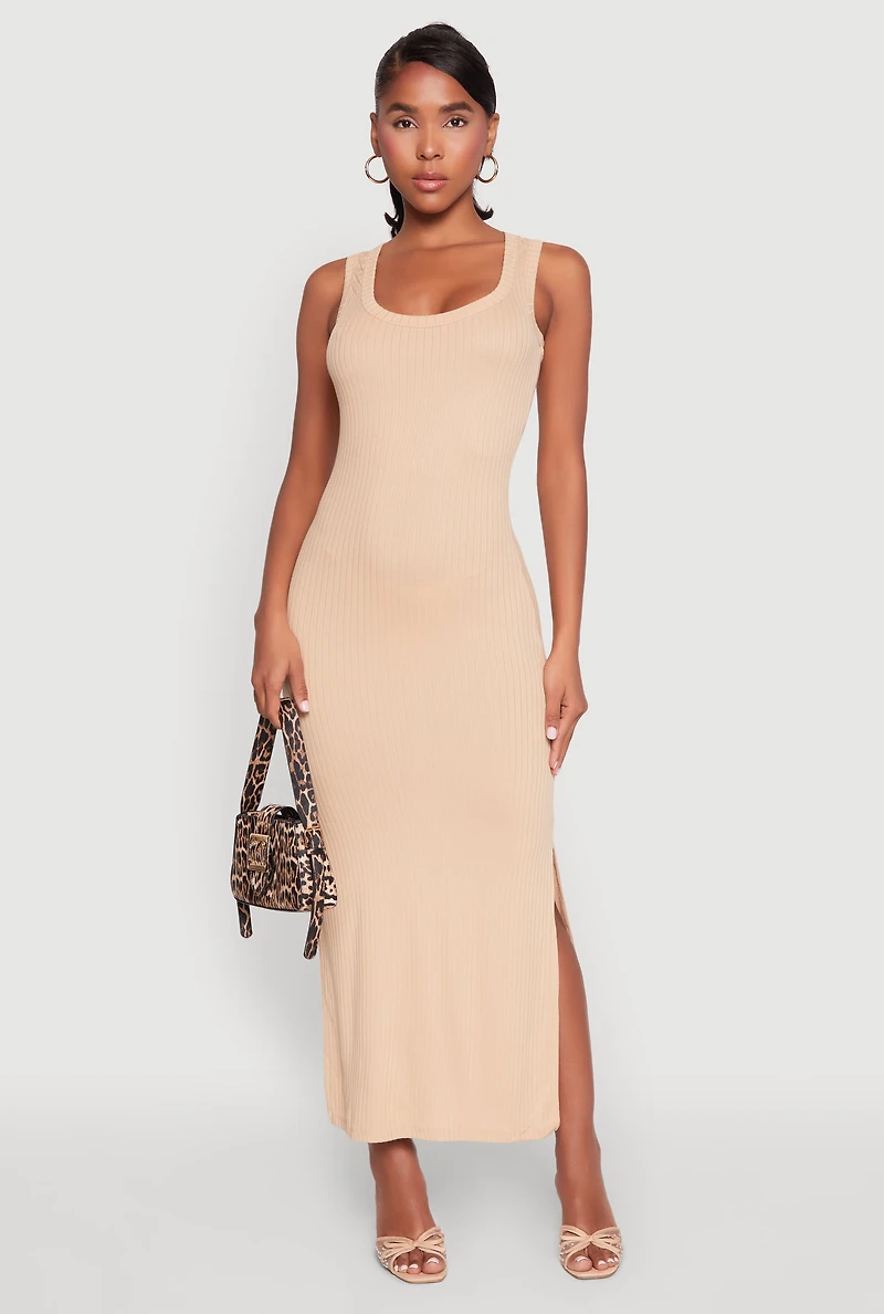 Womens Ribbed Knit Scoop Neck Maxi Tank Dress, Beige, Size M