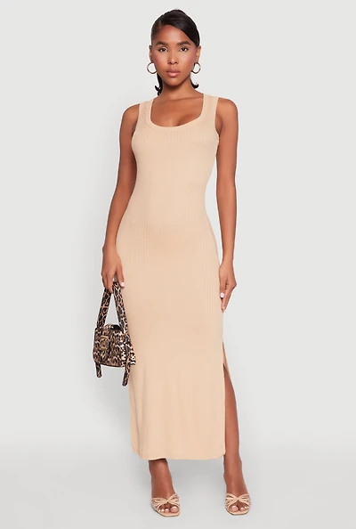 Womens Ribbed Knit Scoop Neck Maxi Tank Dress, Beige, Size M