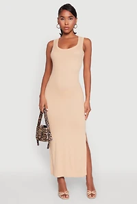 Womens Ribbed Knit Scoop Neck Maxi Tank Dress, Beige, Size M