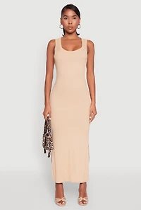 Womens Ribbed Knit Scoop Neck Maxi Tank Dress, Beige, Size M
