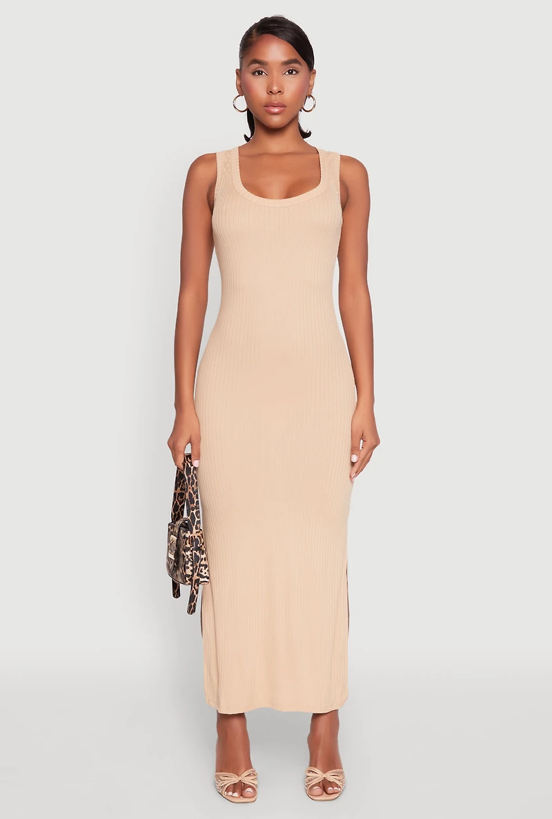 Womens Ribbed Knit Scoop Neck Maxi Tank Dress, L