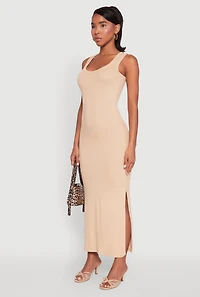 Womens Ribbed Knit Scoop Neck Maxi Tank Dress, Beige, Size M