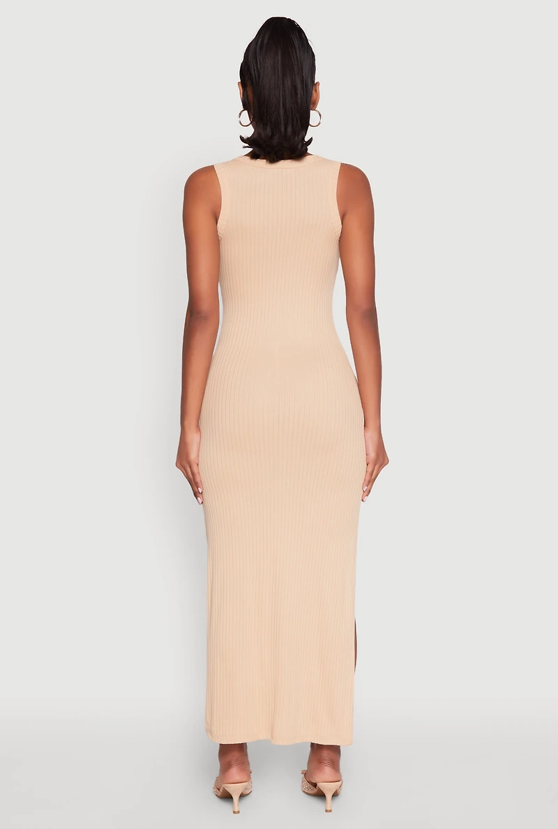 Womens Ribbed Knit Scoop Neck Maxi Tank Dress, L