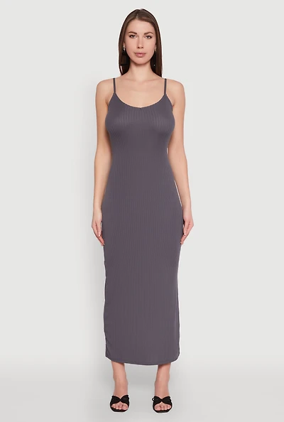 Womens Ribbed Knit Cami Maxi Dress, Grey,