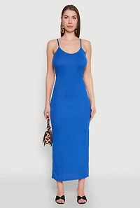 Womens Ribbed Knit Cami Maxi Dress, Blue, Size L