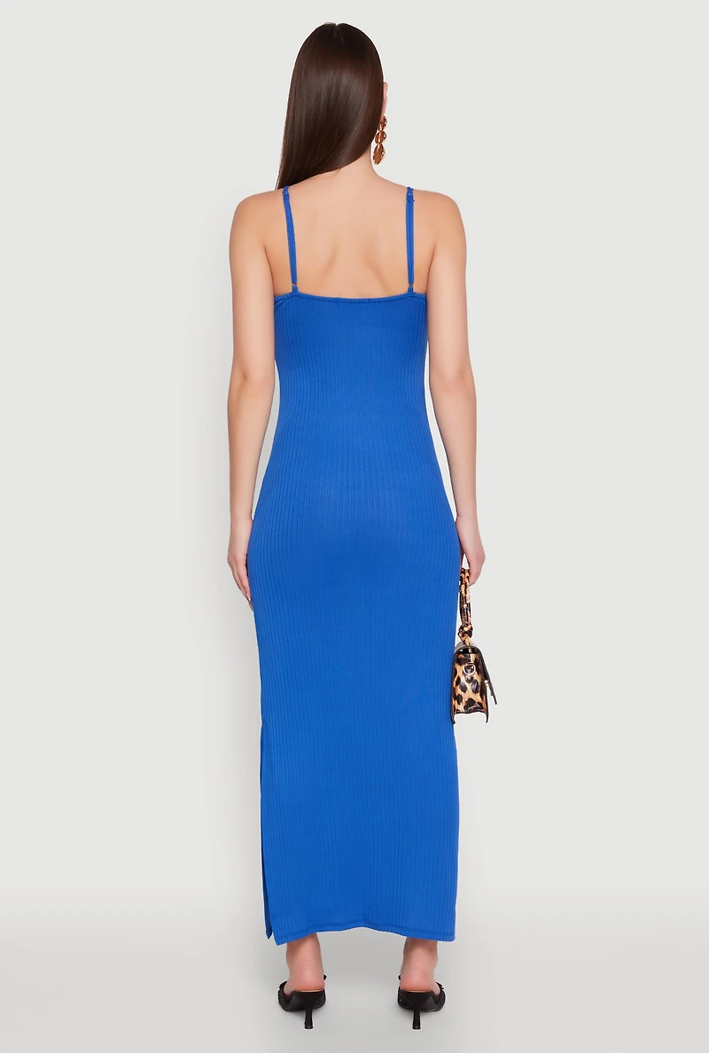 Womens Ribbed Knit Cami Maxi Dress, Blue, Size L