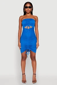 Womens Ruched Keyhole Front Mini Tube Dress, Blue, Size XL