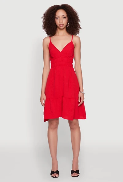 Womens Sleeveless Empire Waist Dress with V Neck and Adjustable Straps, Red, Size S